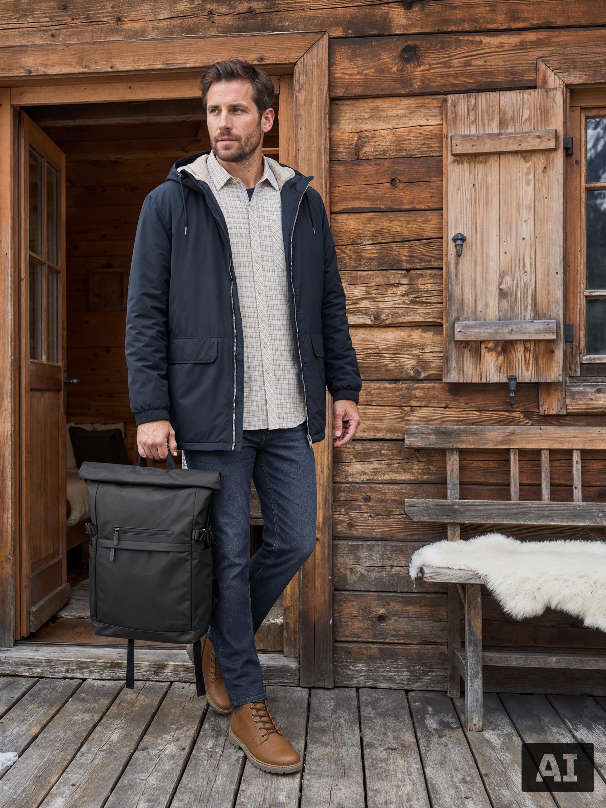 Man in herfstkleding met een rugzak voor een houten hut.