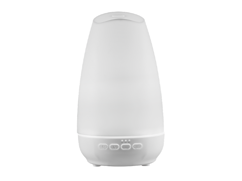Witte etherische oliediffuser met bedieningsknoppen voor licht, timer en nevel