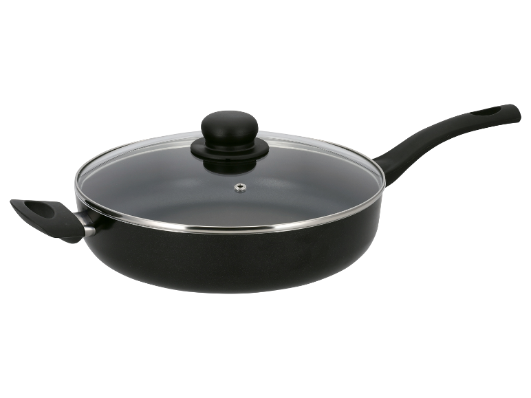 Zwarte pan met glazen deksel.