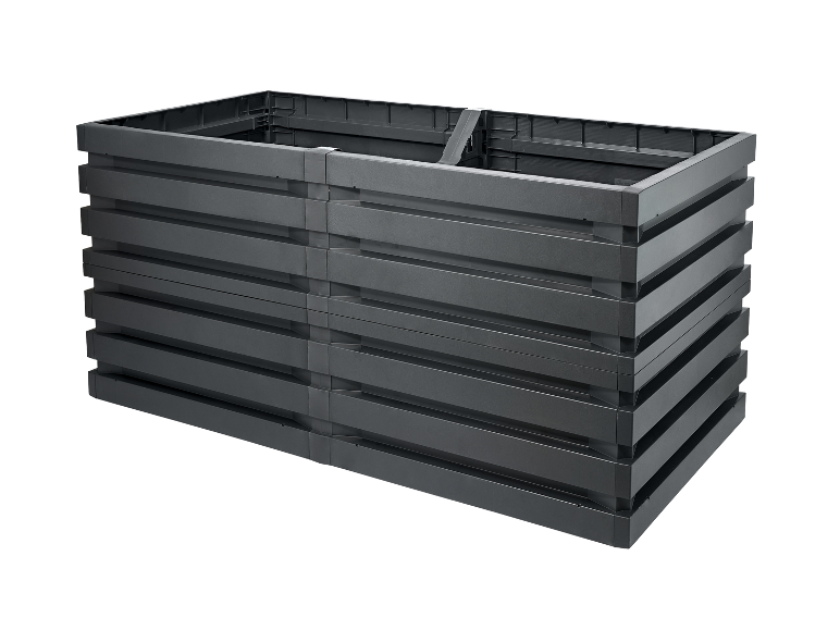 Grote, modulaire, donkergrijze plastic composter voor de tuin.