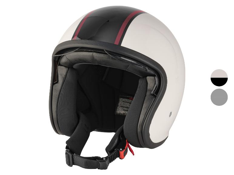 Witte open motorhelm met zwarte en rode strepen