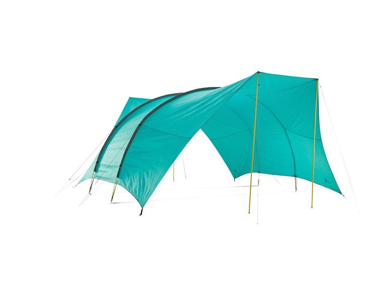 Een turquoise tent met een opvallend ontwerp voor kamperen.