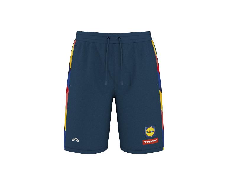 Donkerblauwe sportshorts met kleurrijke zijstrepen en een logo op de pijp.