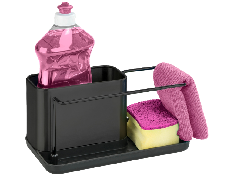 Zwart gootsteenrekje met roze afwasmiddel, spons en microvezeldoek.