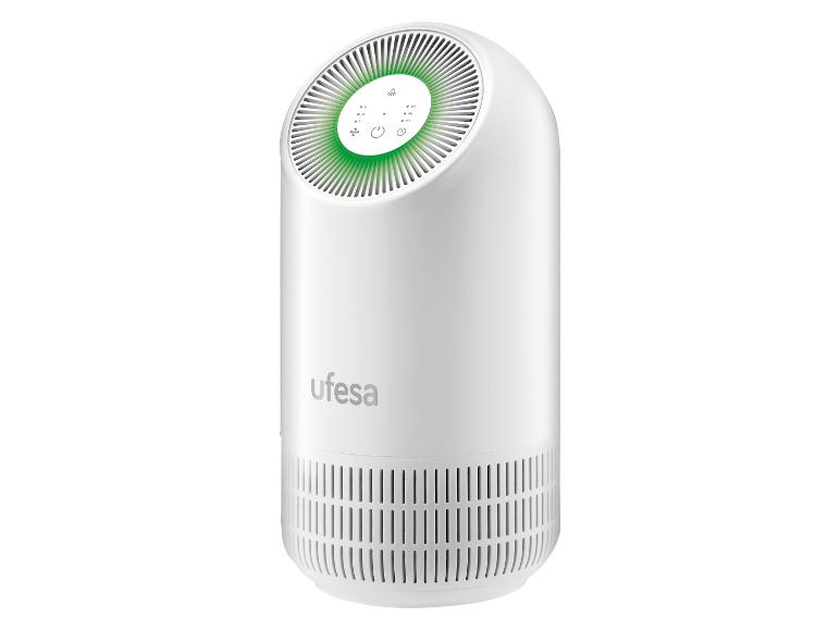 Een witte luchtzuiveraar van Ufesa met een groene indicator.