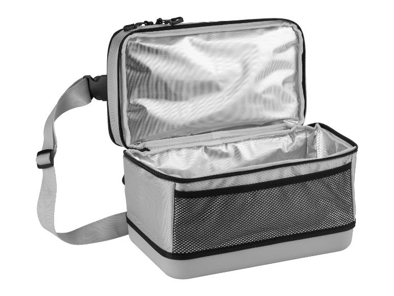 Open grijze koeltas met schouderriem en netvak.