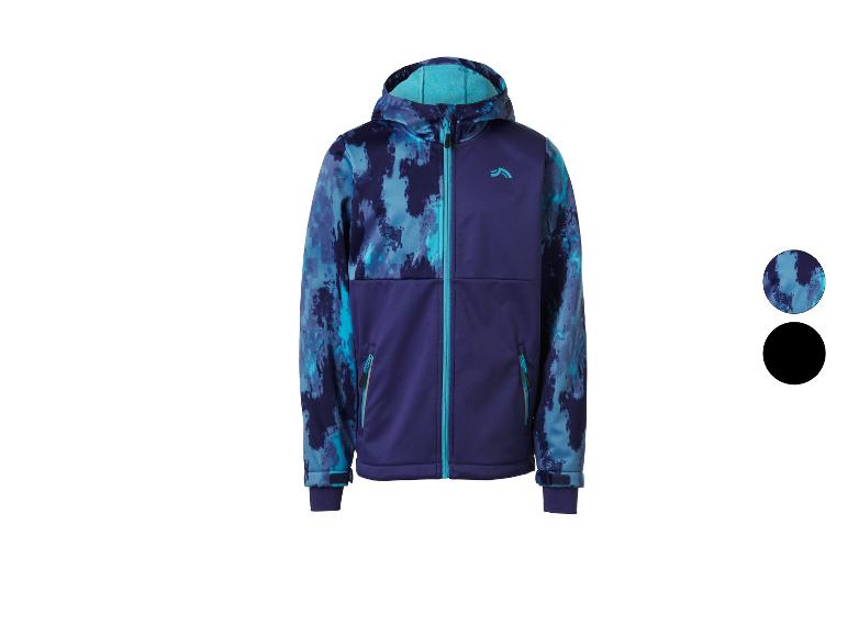 Kinder softshell jas in blauw en paars camouflageprint met capuchon en ritssluiting