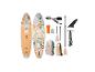 Twee stand-up paddleboards met bloemmotieven, peddels, pomp, vin, leash en tassen.