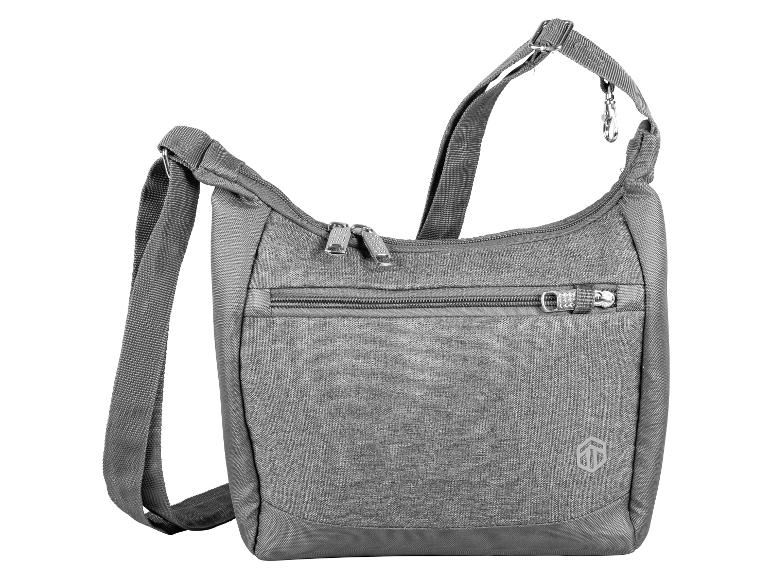 Grijze schoudertas met meerdere vakken.