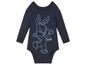 Een donkerblauwe baby romper met lange mouwen en Bugs Bunny erop.