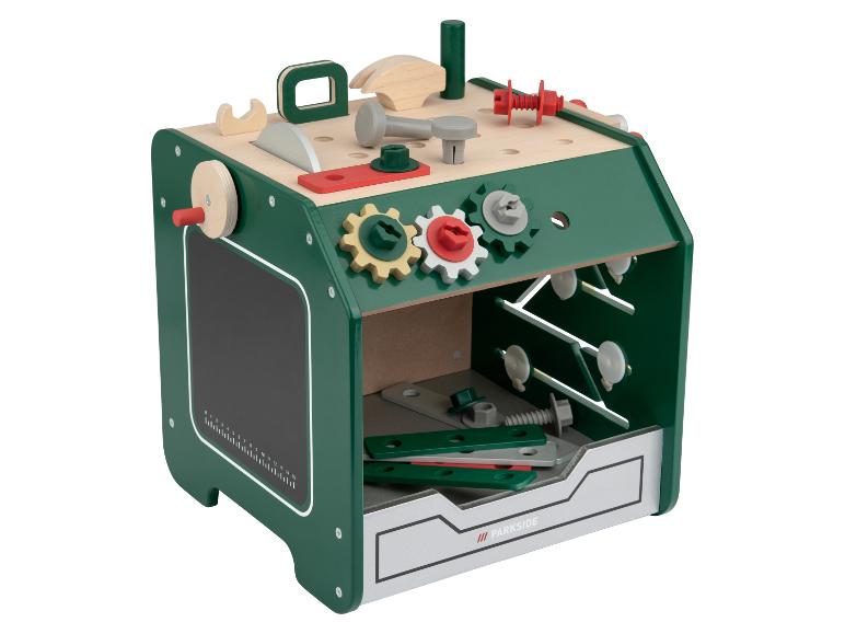 Houten speelgoedwerkbank met gereedschap en tandwielen, merk Parkside.