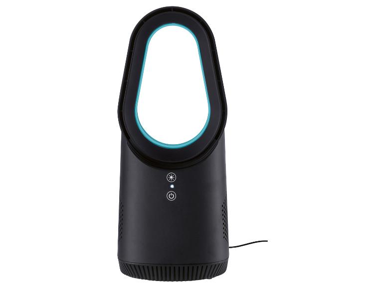 Zwarte ventilator en luchtreiniger met turquoise accent.