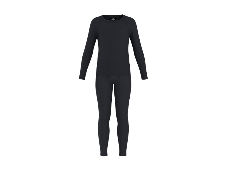 Zwarte thermische ondergoedset voor heren, bestaande uit een shirt met lange mouwen en een broek.