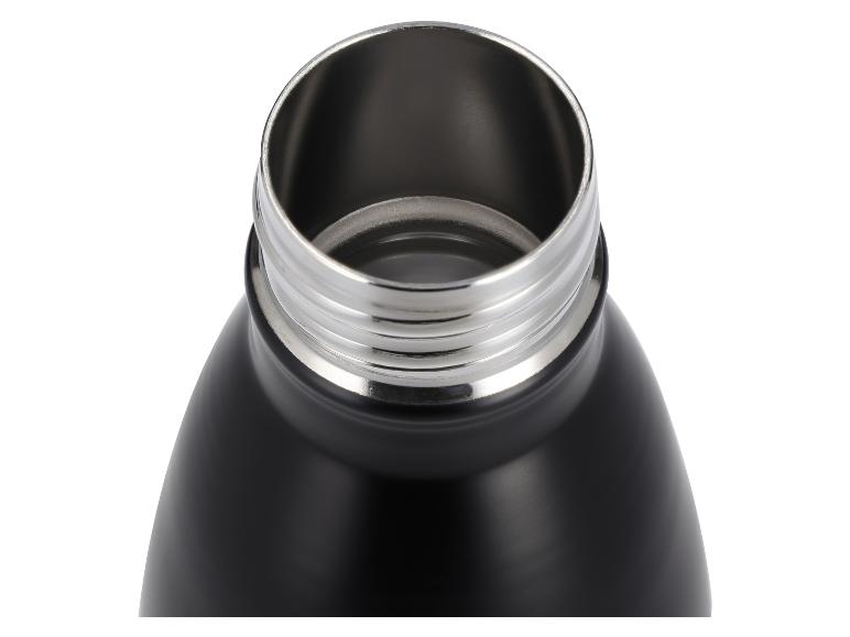 Bovenkant van een zwarte thermosfles met zilverkleurige metalen opening