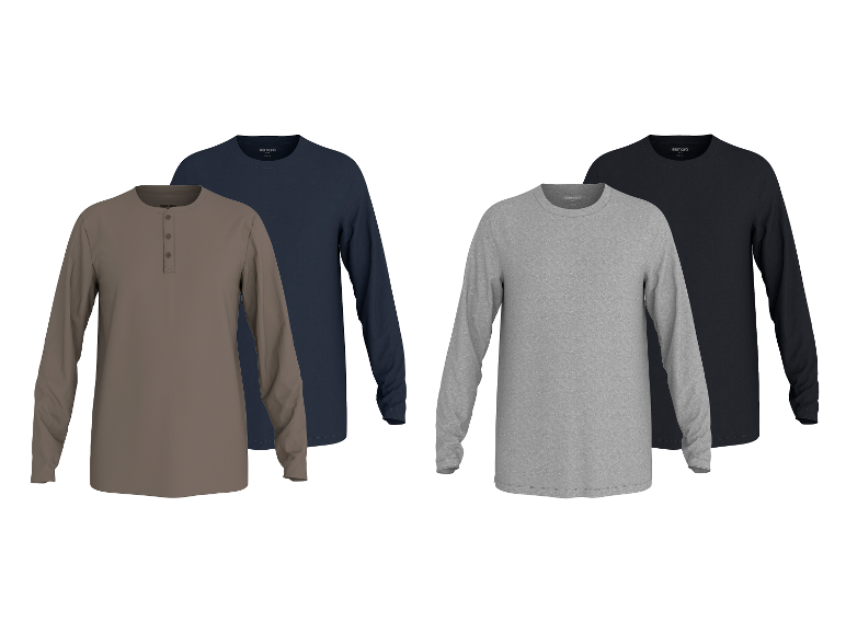 Heren longsleeves: twee grijze en twee donkerblauwe, één met knoopjes.