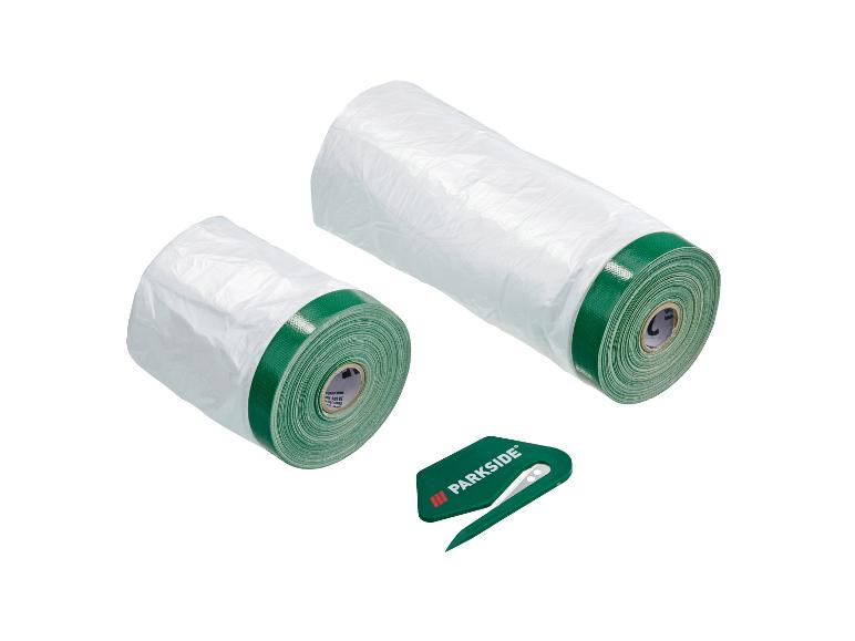 Twee rollen wit afdekfolie en een groene Parkside-snijder