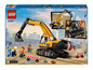 LEGO City set met een gele graafmachine met bewegende arm en drie minifiguren.