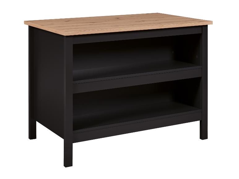 Zwarte kast met twee open planken en een licht houtkleurig blad.