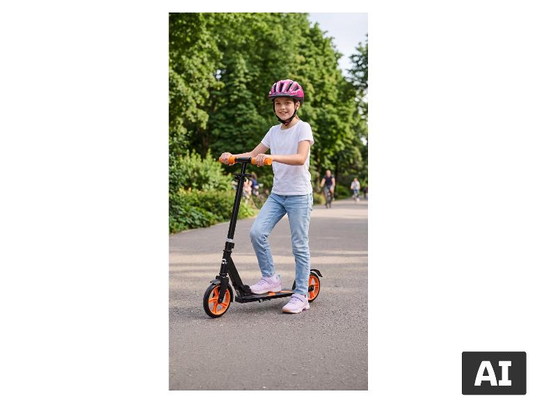 Een meisje op roze CRIVIT kindersportschoenen stept in het park. [AI-gegenereerde afbeelding]