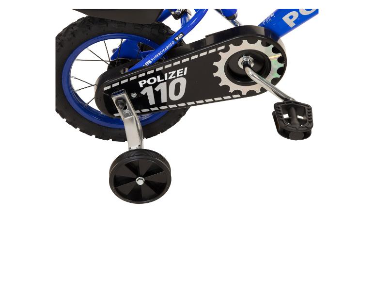 Kinderfiets met zijwieltjes en kettingkast met de opdruk 'POLIZEI 110'.