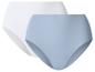 Twee paar dames high-waist slips, één wit en één lichtblauw.