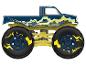 Blauwe monstertruck met gele en blauwe details, met bliksem op de carrosserie en wielen.