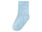 Een lichtblauwe sok met een geribbeld patroon.