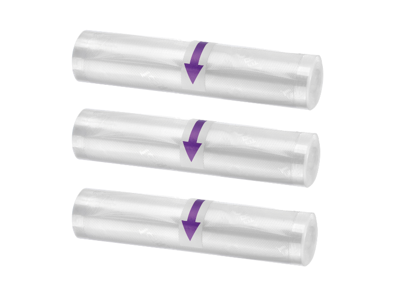 Drie rollen transparante vacuümzakken met paarse pijlen.
