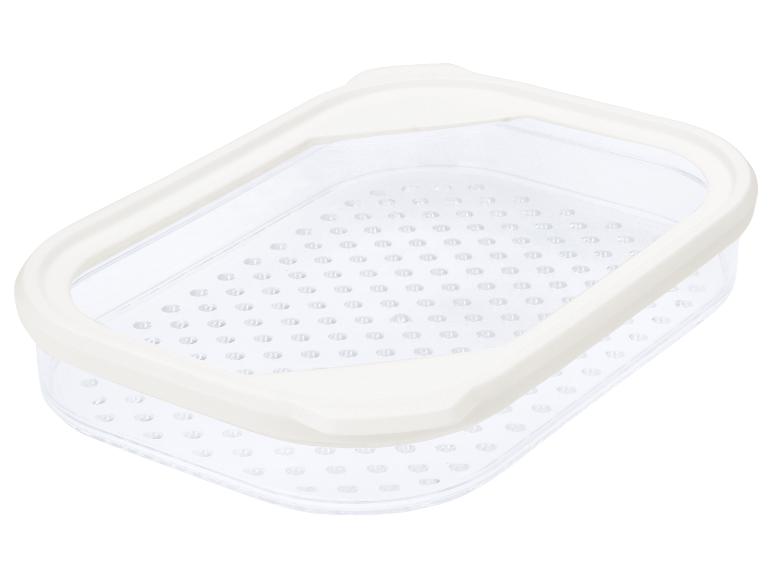 Rechthoekige transparante opbergdoos met geperforeerde bodem en witte rand.