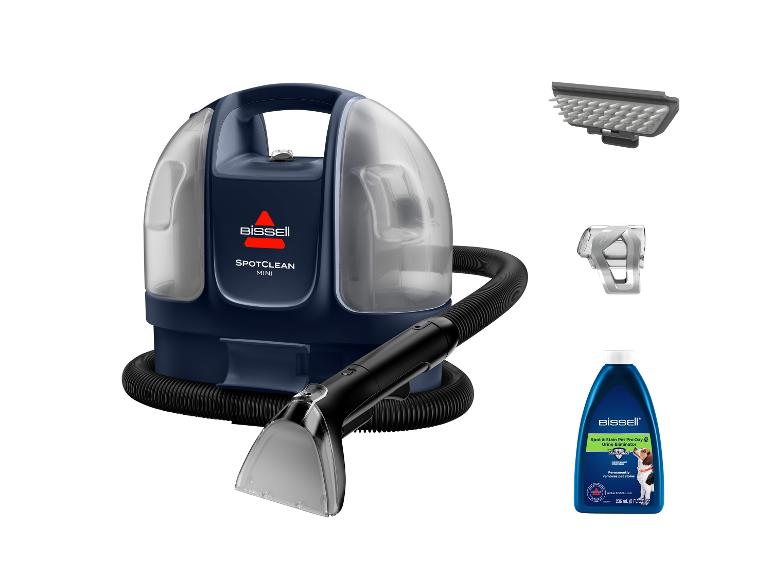 BISSELL SpotClean Mini draagbare vlekkenreiniger met accessoires en reinigingsoplossing.