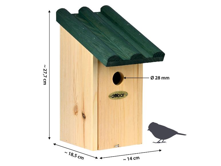 Houten vogelhuisje met groen dak, 27,7 cm hoog, 18,5 cm breed, 14 cm diep, met een ingangsgat van 28 mm.