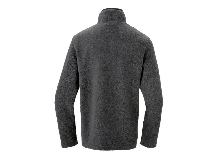Donkergrijze fleecejas met hoge kraag, achteraanzicht.