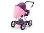 Roze en paarse speelgoedkinderwagen met metalen frame en grote wielen