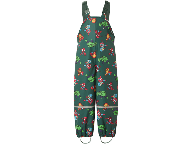 Groene waterdichte kinderoveralls met superheldenprint, verstelbare bandjes en reflecterende streep.