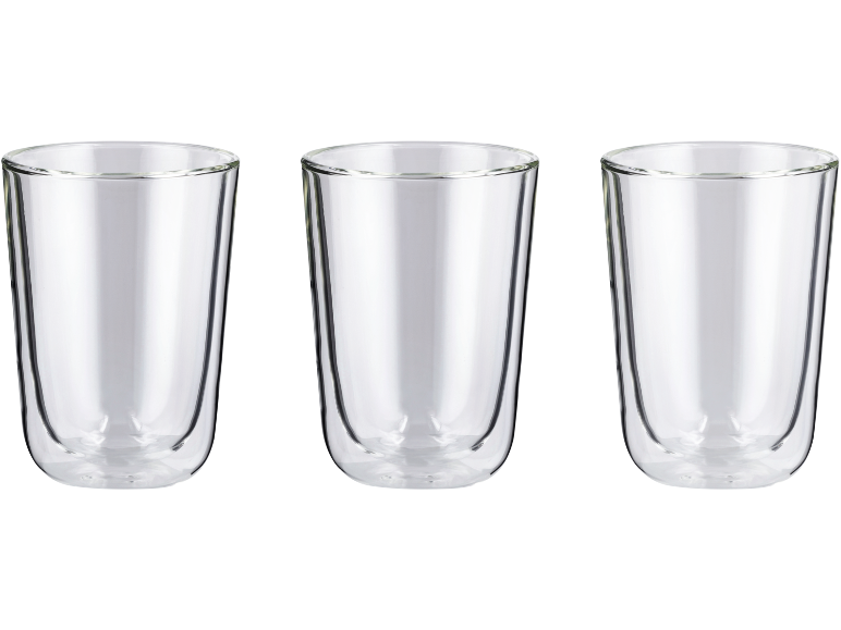 Drie dubbelwandige glazen op een witte achtergrond.