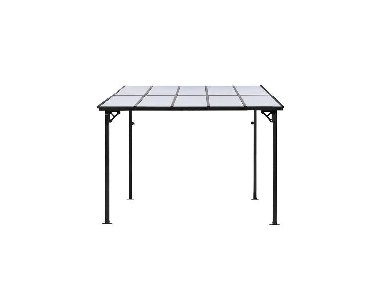 Een paviljoen of pergola met een zwart metalen frame en een transparant dak.