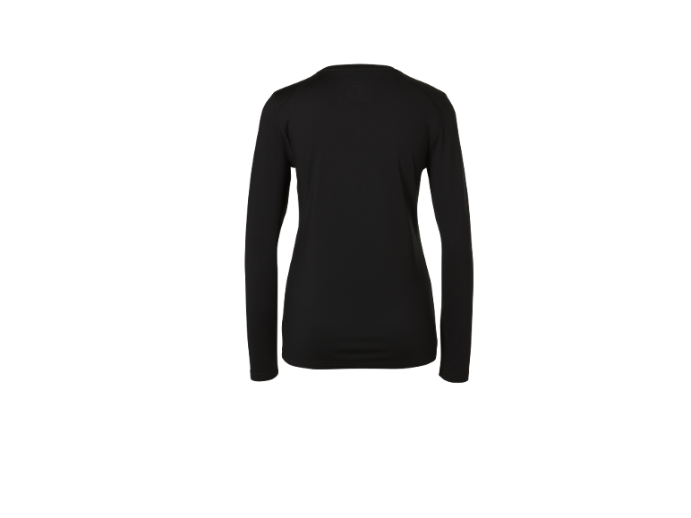 Zwart dames shirt met lange mouwen, achteraanzicht.