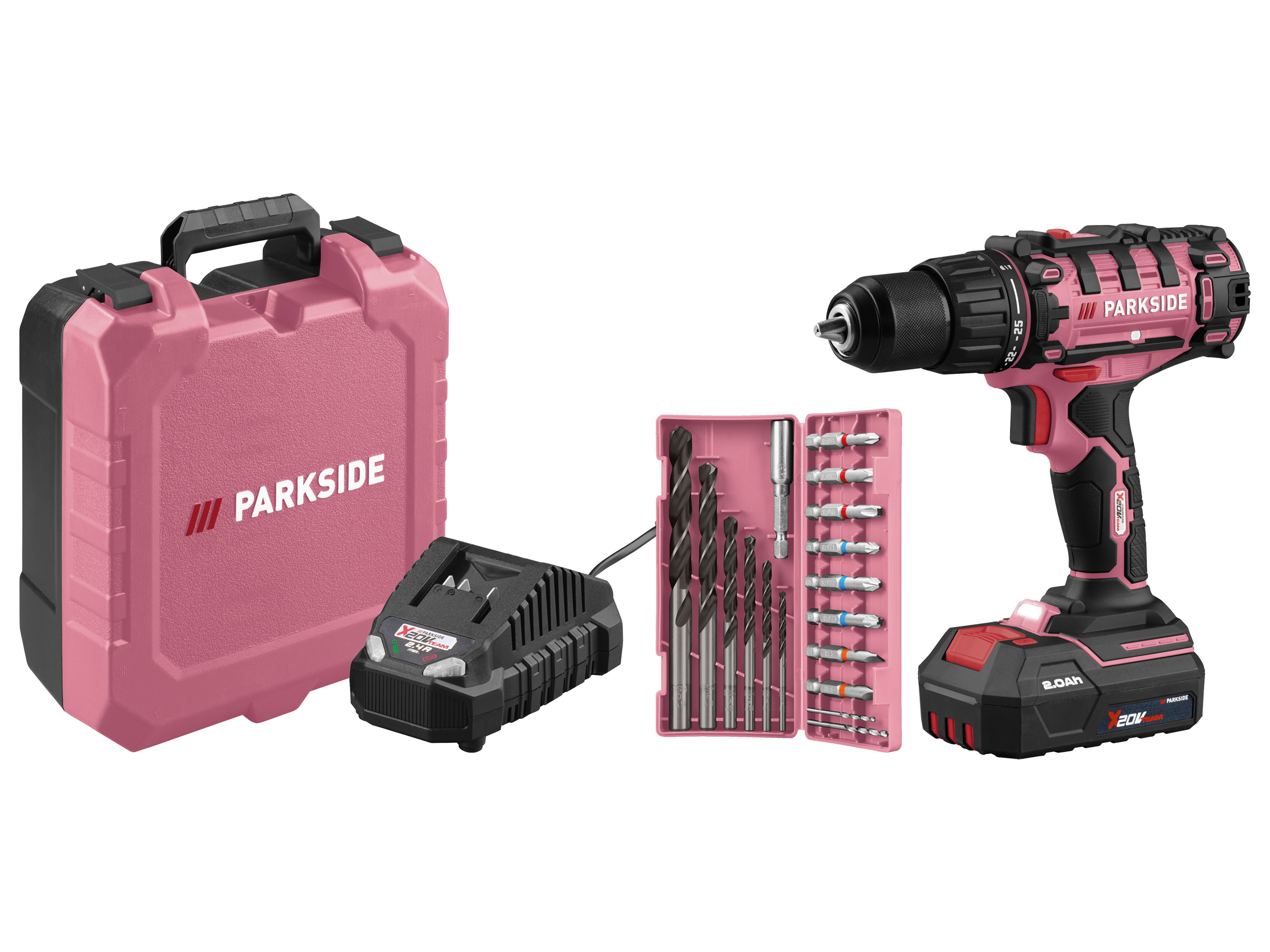 PARKSIDE Accu-schroefboormachine set 20 V 45 Nm, met accu 2 Ah en lader 2,4 A, Limited Edition (Lichtroze)