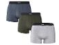 Drie herenboxershorts in blauw, groen en grijs, met een zwarte tailleband.