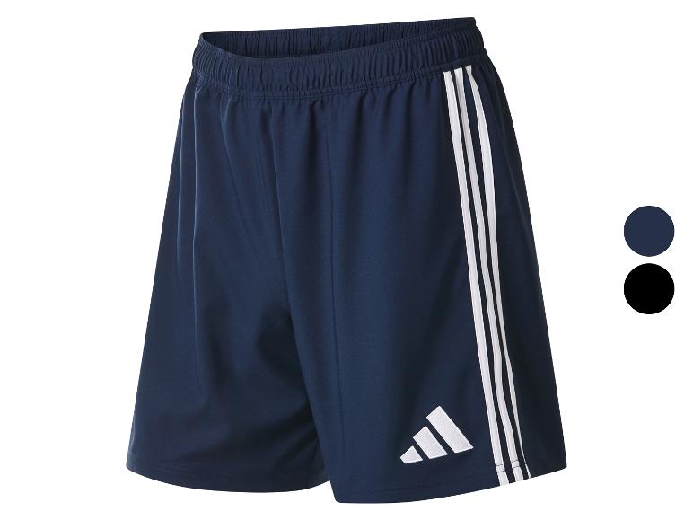 Donkerblauwe sportshorts met drie witte strepen en logo