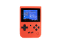 Rode handheld spelcomputer met een menu van spellen op het scherm.