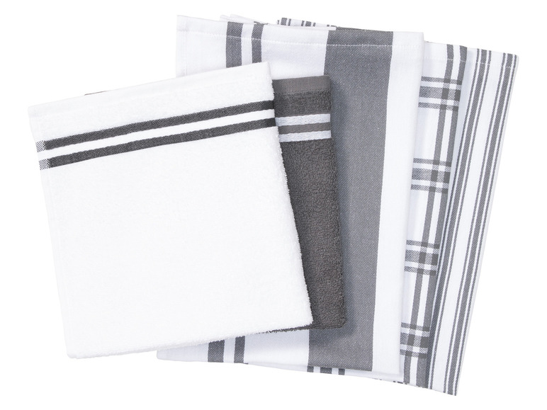 Keukenhanddoeken met grijs-witte strepen en ruitjes.