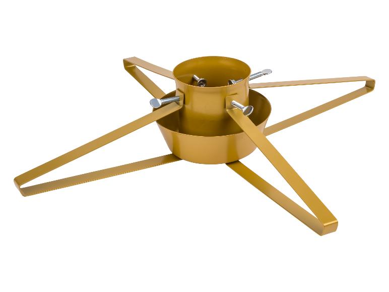 Gouden kerstboomstandaard met vier poten en verstelbare schroeven.