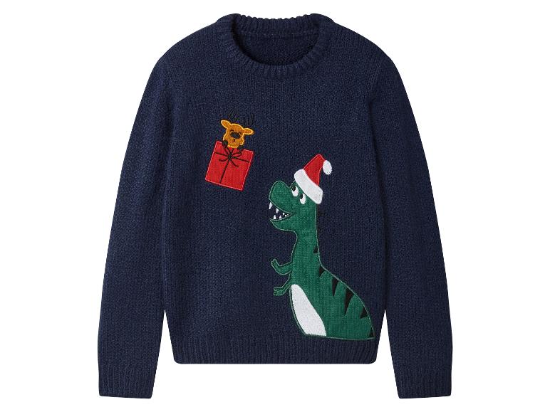 Donkerblauwe kersttrui met een dinosaurus in een kerstmuts en een rendier met een cadeau.