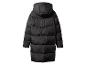 Zwarte lange gewatteerde jas met capuchon, achterkant