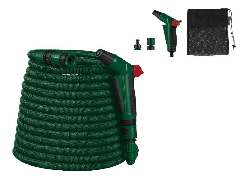 Parkside uitschuifbare tuinslang met spuitpistool en accessoires.