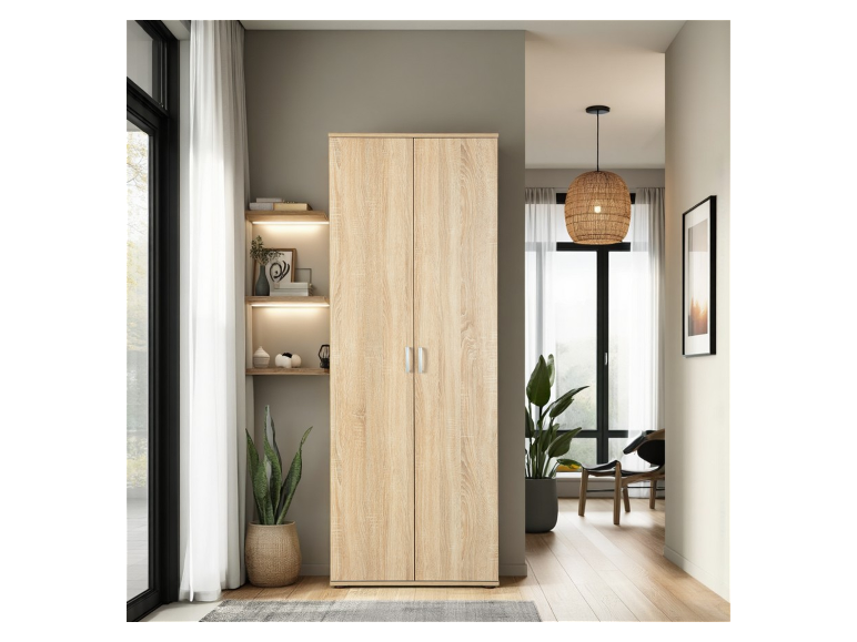 Lichte houten kledingkast met twee deuren en verlichte planken.