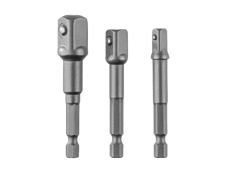 Drie dopsleuteladapters met zeskantige schacht in verschillende maten.