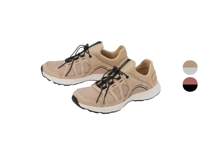 Paar beige en zwarte sportschoenen met elastische veters, getoond met kleurstalen.