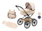Beige poppenwagen met accessoires: luiertas, matras en kussen.